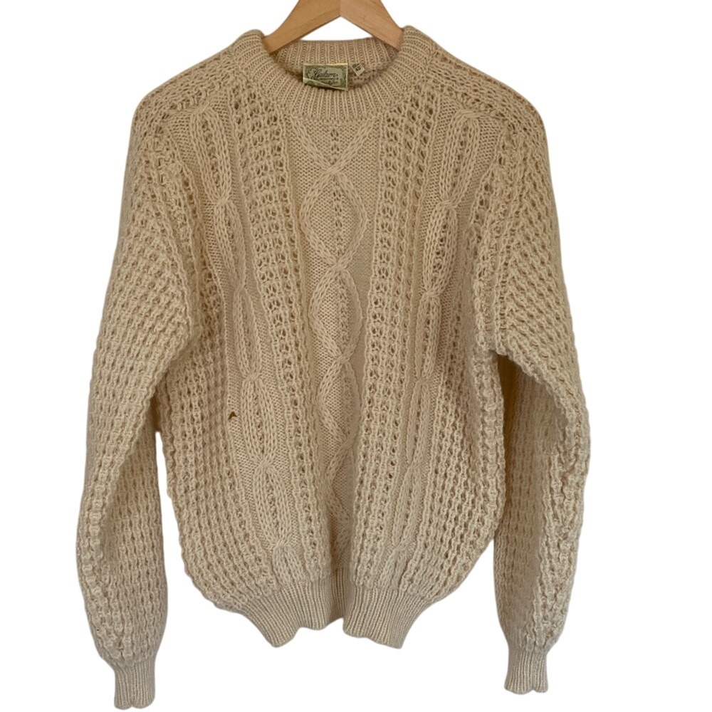 Gaeltarra Handloomed Wool Sweater Ireland Cream‎ Cable Knit Size 40 XL Fisherman